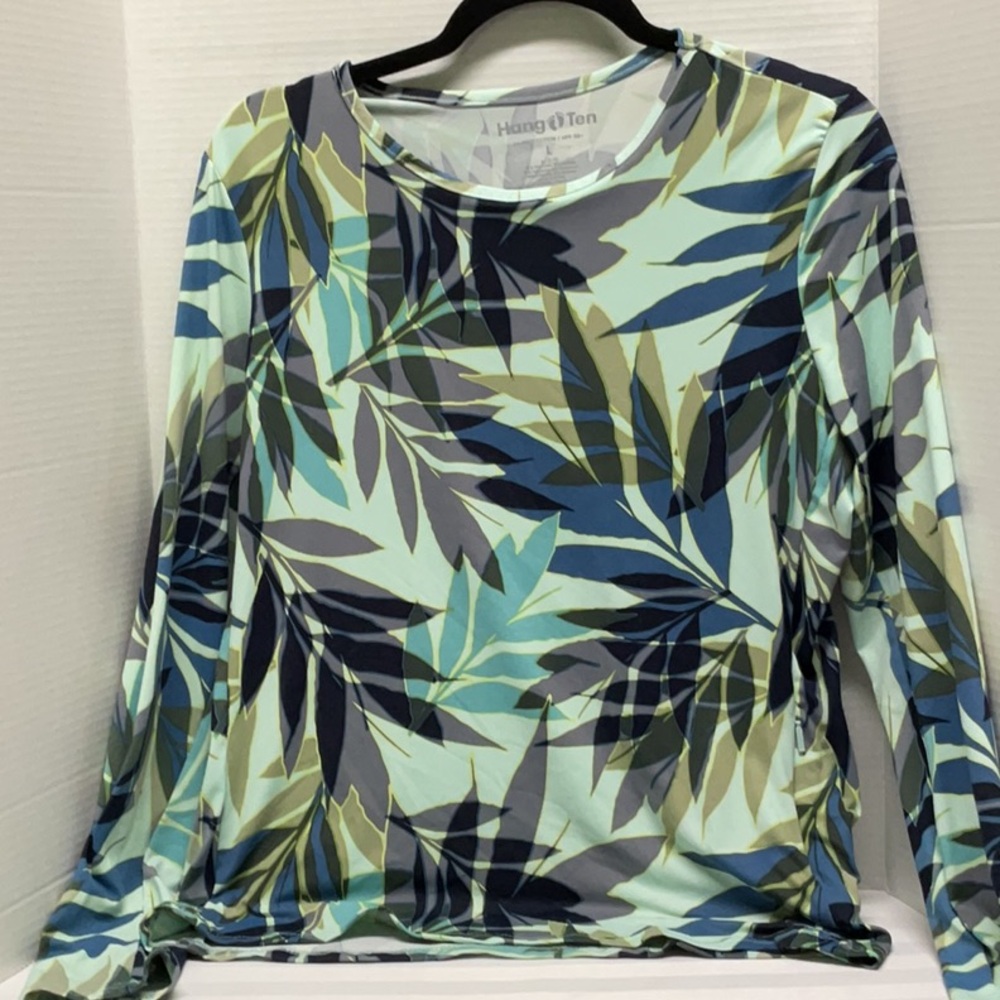 Hang Ten Green and Blue Fitted Long Sleeve Blouse